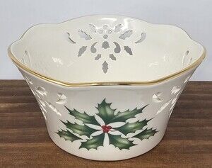 Lenox Dimension Collection Holiday Holly Round Pierced 4.7" Porcelain Candy Dish
